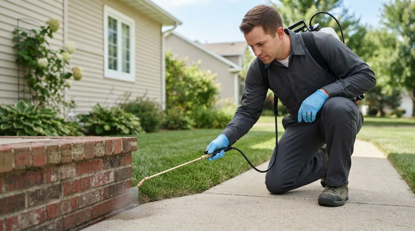 Pest control technician treating a home near Woodbury, CT